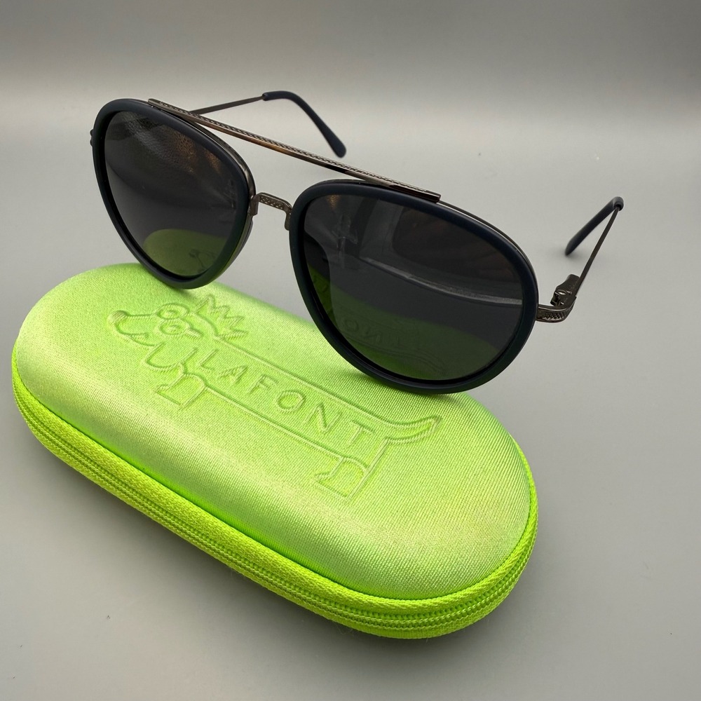 Lafont Paris Aviator Sunglasses Navy Blue Good Gunmetal Double Bridge CaseLuxury